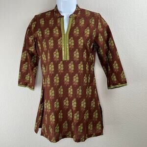 Biba Brown Floral Indian Tunic Top 100% Cotton Split V-Neck 32/US 0-2 NWT